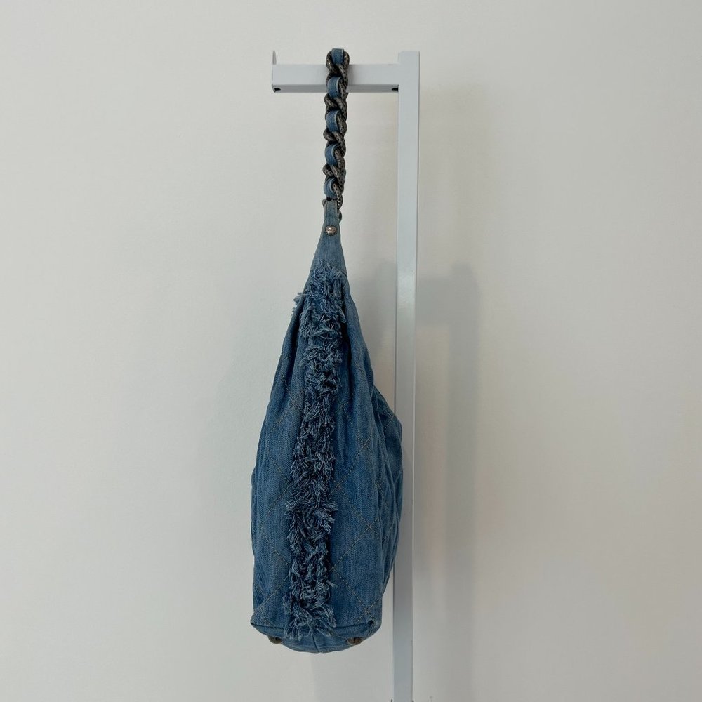 CHANEL DENIM FRINGE HOBO SHOULDER BAG - Picture 6 of 17
